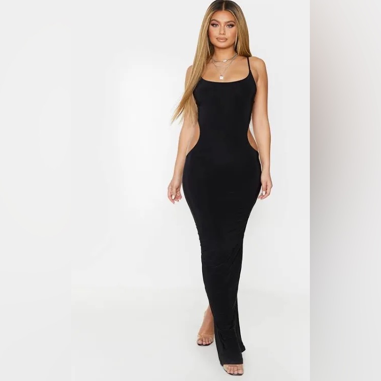 Prettylittlething Black Slinky Cutout Maxi Dress